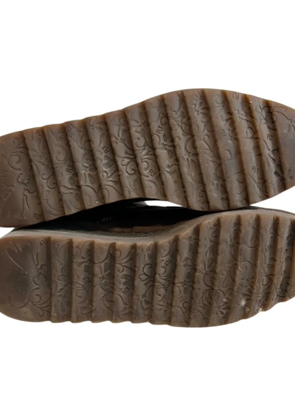 Fly London boots brown suede swirl design zip up booties 40 9 9.5 wedge